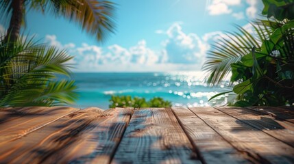 Fototapeta premium blurred background of a wooden table top with a blue sea and sky