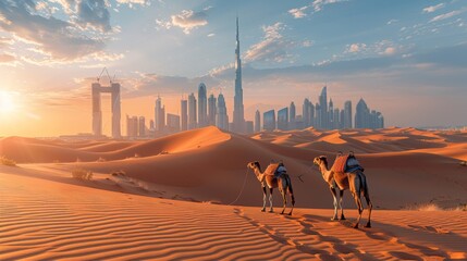 caravan of camels is walking in desert in background of skyscrapers of city of Dubai