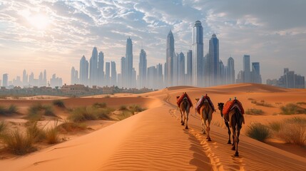 caravan of camels is walking in desert in background of skyscrapers of city of Dubai