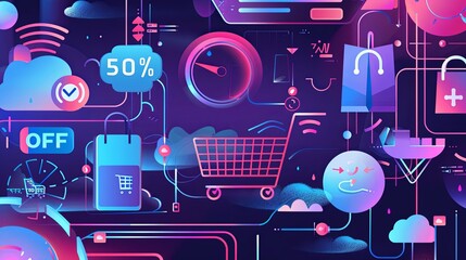 Obraz premium An abstract illustration of online shopping with a shopping cart, 50% off discount, and cloud icons. Generative AI