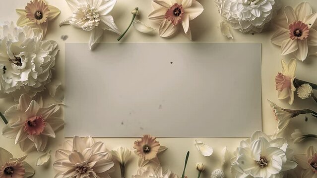 Blank paper for text copy space with pastel colour background and daffodil and chrysanthemum flowers, greeting card ilustration for International friendship day