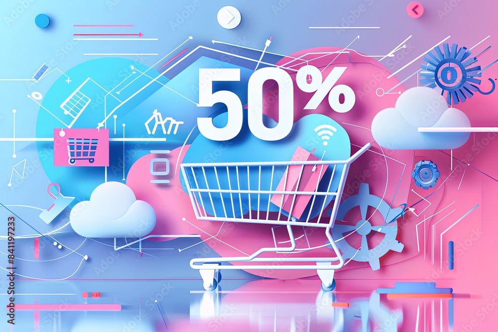 Poster a vibrant, digital abstract background with a shopping cart and 50% off text, representing an online