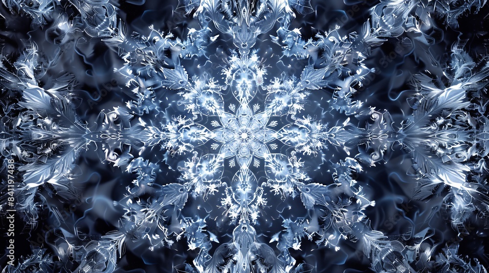 Poster create a texture resembling the complex, fractal-like patterns of a snowflake, with symmetrical shap