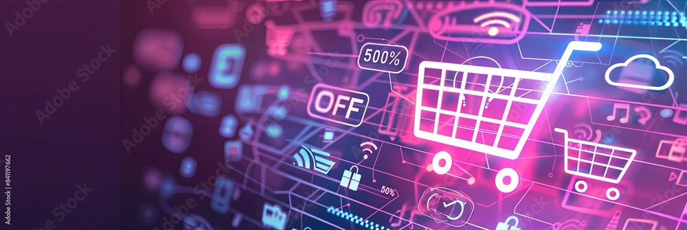 Aufkleber An abstract digital background featuring a shopping cart with glowing lines, product icons, and bold 50 OFF text. Generative AI