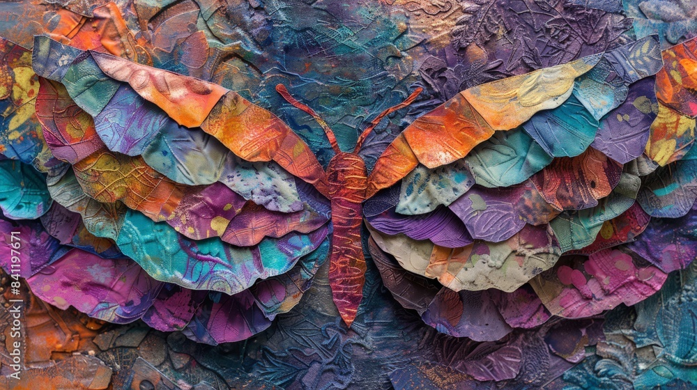 Poster create a texture resembling the delicate, layered patterns of butterfly wings, with vibrant colors a