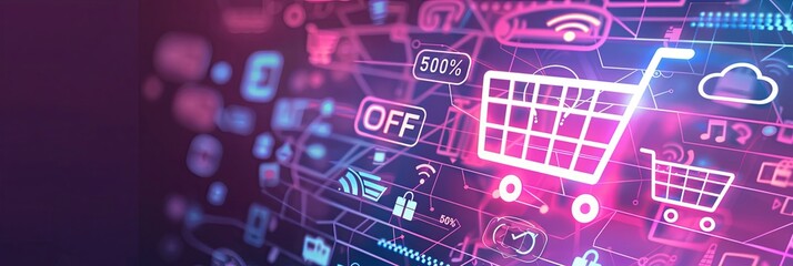 An abstract digital background featuring a shopping cart with glowing lines, product icons, and bold 50 OFF text. Generative AI