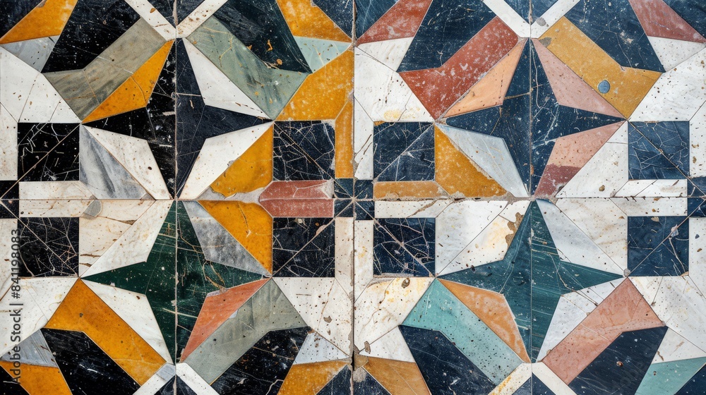 Poster create a texture resembling the intricate, repeating patterns of a tiled mosaic, with colorful, geom