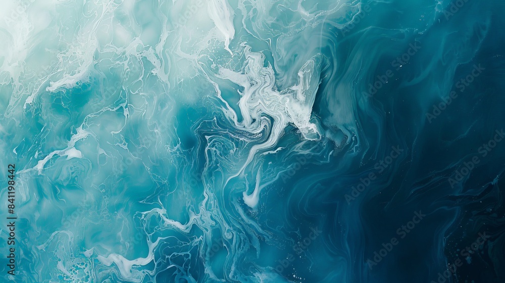 Poster create an abstract artwork inspired by the ocean, using flowing shapes and cool tones to evoke the m