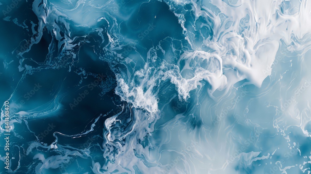 Poster create an abstract artwork inspired by the ocean, using flowing shapes and cool tones to evoke the m