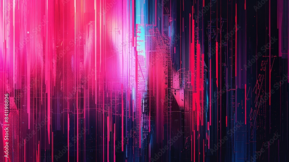 Poster create an abstract background with a digital glitch effect, using distorted lines and bright, contra