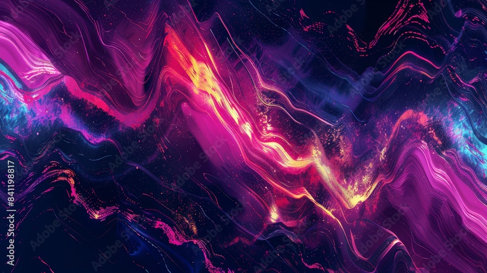 Poster create an abstract background with a digital glitch effect, using distorted lines and bright, contra