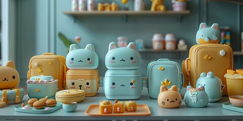 Obraz premium Nutritious children's lunchboxes transformed into interactive gamescapes with hidden augmented reality snack characters