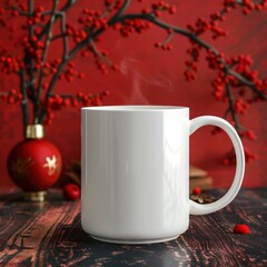 Fototapeta premium White Coffee Mug 15Oz Mockup, On Chinese New Year Background