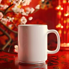 Obraz premium White Coffee Mug 15Oz Mockup, On Chinese New Year Background