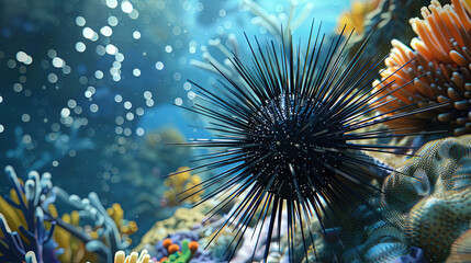 Black sea urchin with coral underwater