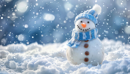Obraz premium Adorable snowman with blue hat and scarf in snowy landscape.
