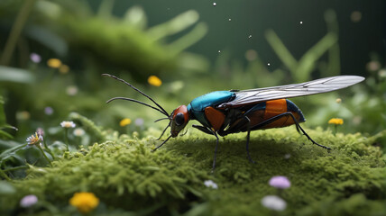 Amidst the Nest of Behemoths, gargantuan grasshoppers leap with thunderous force, their powerful legs propelling them through the dense foliage of the oversized forest, Generative AI.