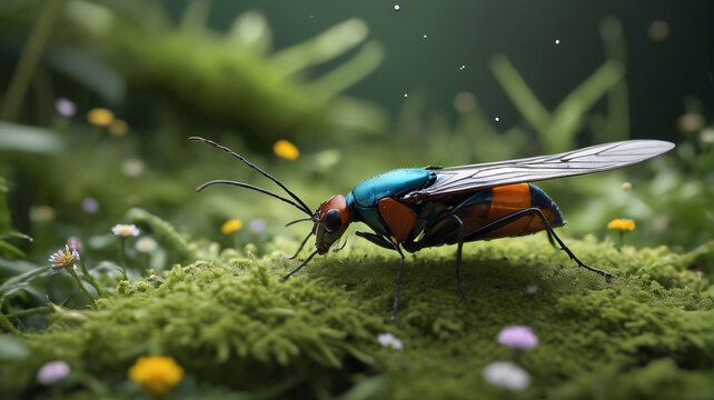 Amidst the Nest of Behemoths, gargantuan grasshoppers leap with thunderous force, their powerful legs propelling them through the dense foliage of the oversized forest, Generative AI.