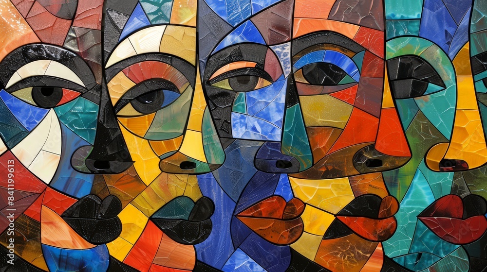 Poster create an abstract piece that explores the concept of unity and diversity, using a mosaic of shapes 