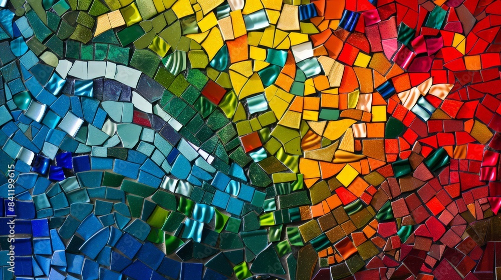 Poster create an abstract piece that explores the concept of unity and diversity, using a mosaic of shapes 