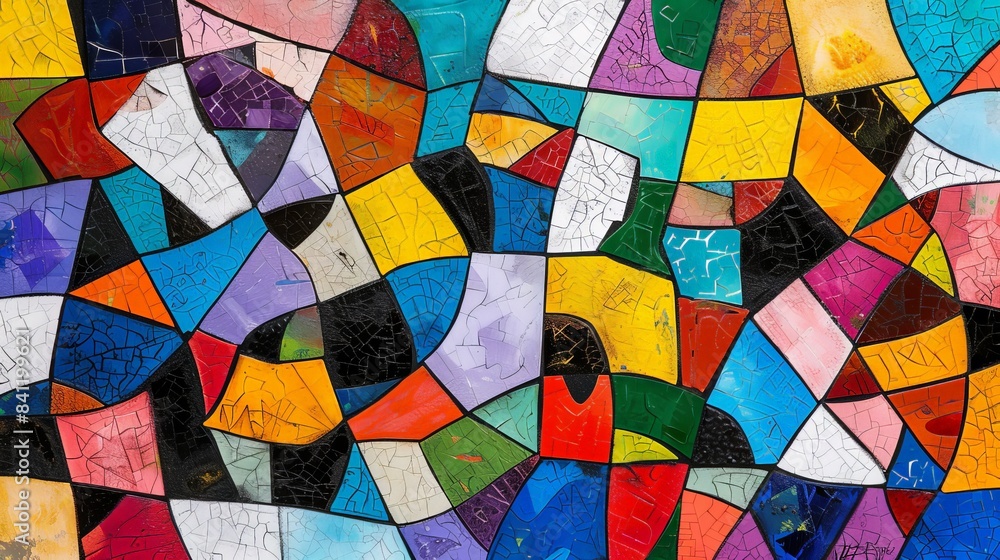 Poster create an abstract piece that explores the concept of unity and diversity, using a mosaic of shapes 
