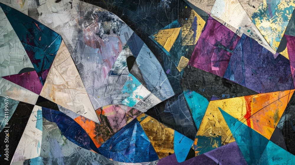 Poster create an abstract piece that explores the theme of identity and self-discovery, using fragmented sh
