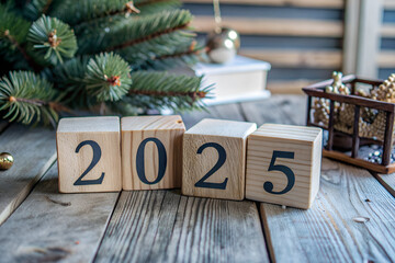 text-2025-in wooden blocks on wood top, concept of ideas for happy new year, Complete with beautiful elements Arrange natural light