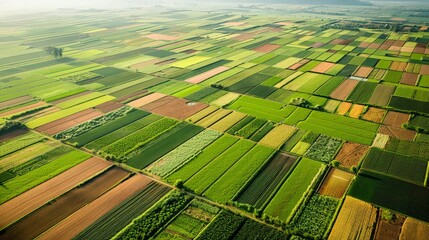 Fototapeta premium Create an aerial view of a large agricultural area, with neatly divided fields of varying crops, showcasing the organized and patterned layout of farmland.
