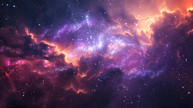 Illustration of a space cosmic background of supernova nebula and stars, glowing mysterious universe