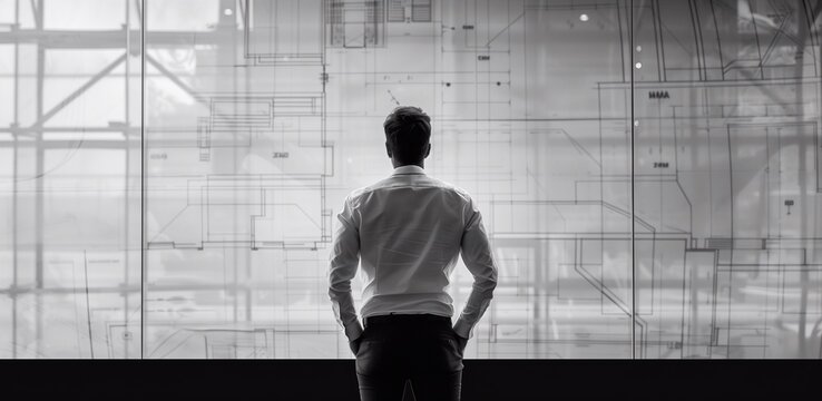 A male architect stands in front of an abstract blueprint, looking at it intently with his back to the camera. black and white photo. generative AI