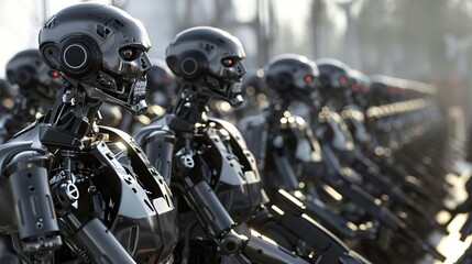 Fototapeta premium A line of Androids stand in formation, ready for deployment