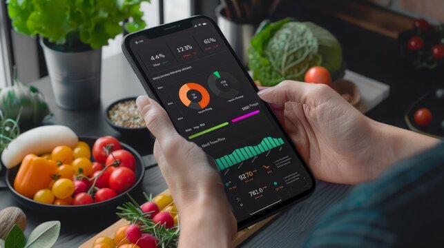 A person holds a smartphone displaying nutrition data while surrounded by fresh produce in a kitchen.