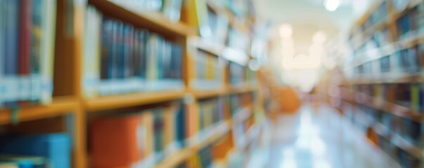 Naklejka premium Abstract blurred image of a public library interior with rows of bookshelves, conveying a sense of calm and focus.