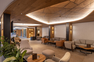 Interior of a  luxury hotel lobby in the evening