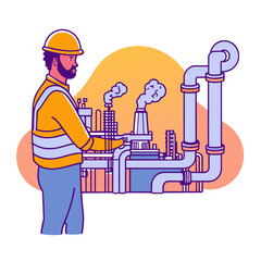 Supervising engineer inspects district heating plant pipes and valves at sunset