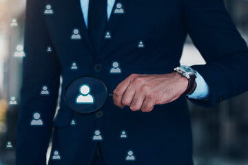 Hand, hologram and business person with network search in office for collaboration, teamwork or support. Arm, watch and corporate people icon with magnifying glass for contact and appointment