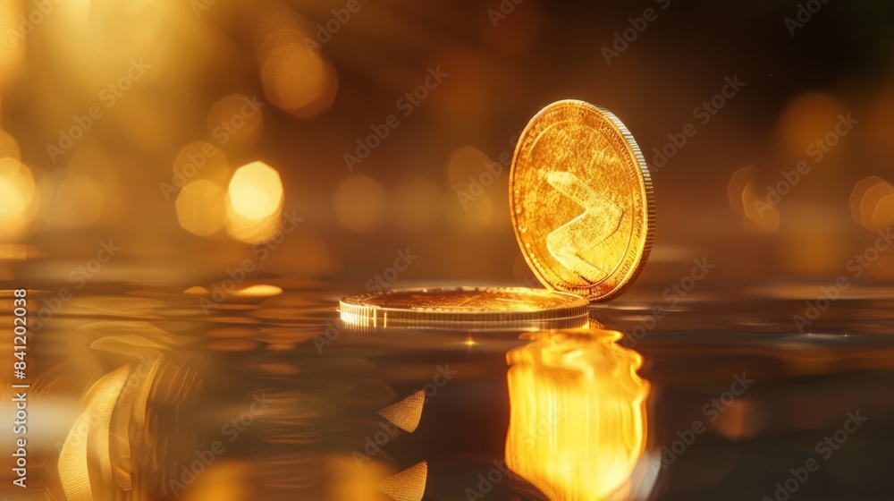 Aufkleber create an image of a golden coin spinning on a reflective surface, emphasizing the volatility and dy