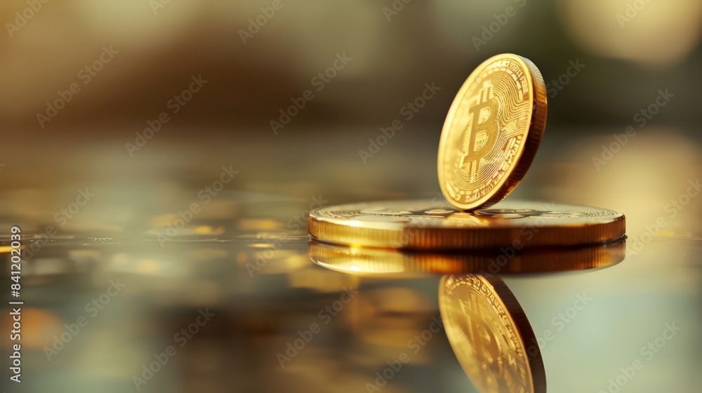 Poster Create an image of a golden coin spinning on a reflective surface, emphasizing the volatility and dynamic nature of financial markets.