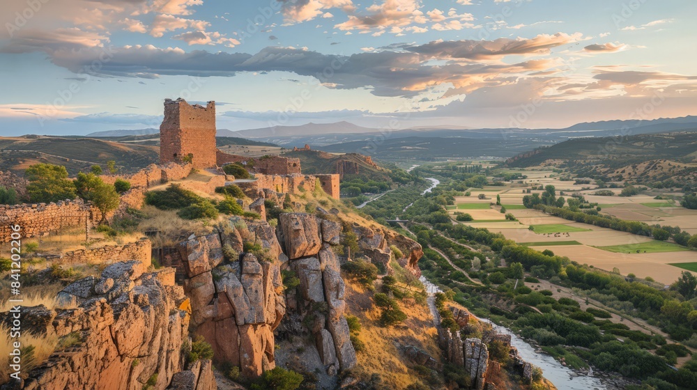 Poster create an image of a historic castle overlooking a scenic valley, emphasizing the allure of explorin