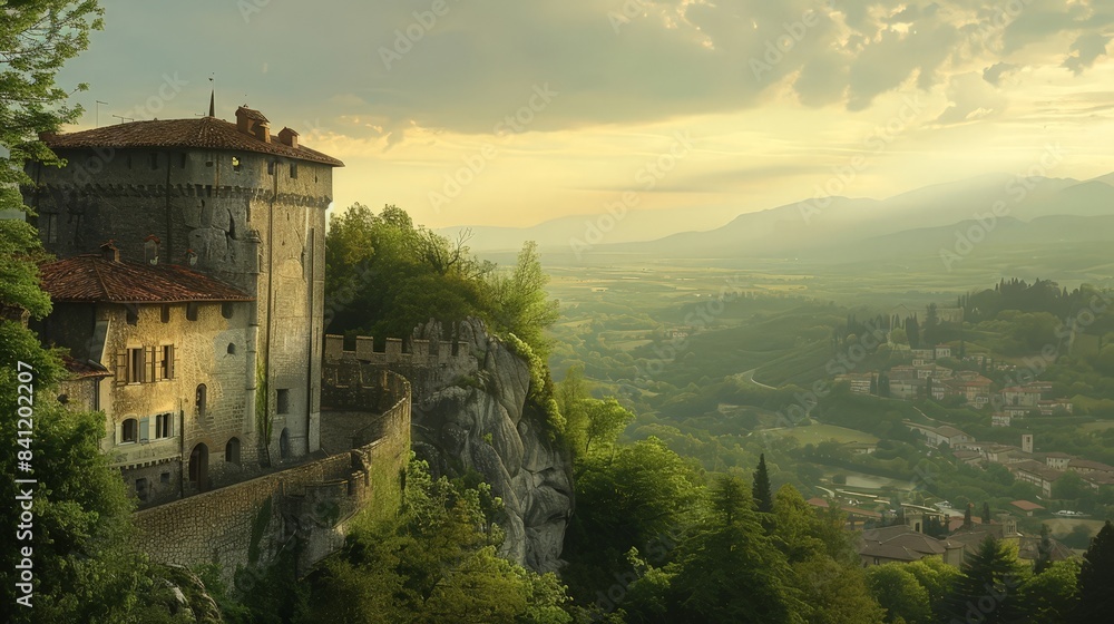 Poster create an image of a historic castle overlooking a scenic valley, emphasizing the allure of explorin