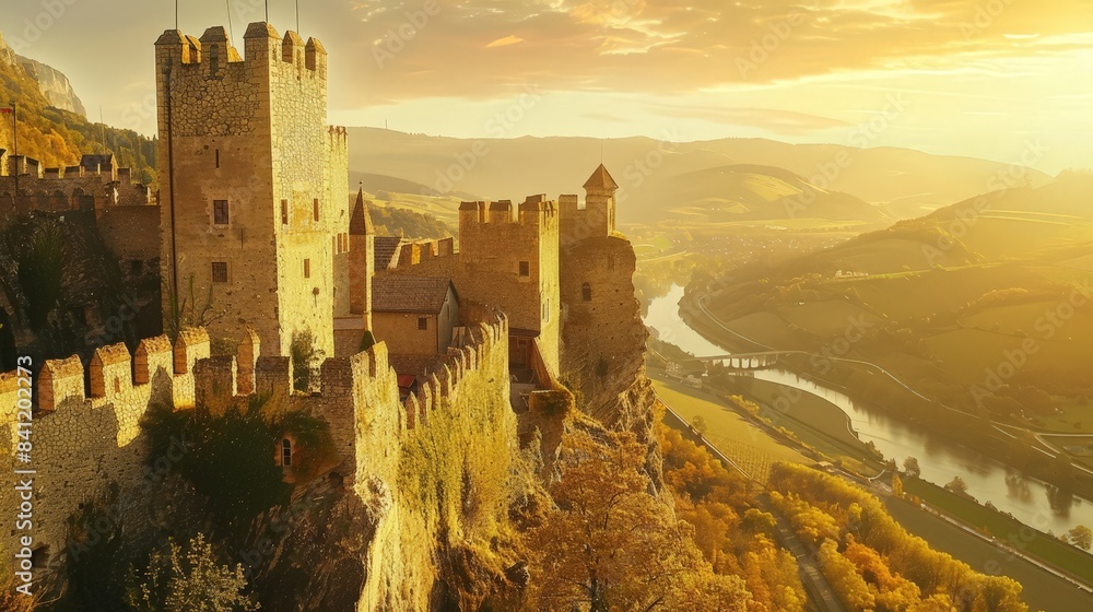 Poster create an image of a historic castle overlooking a scenic valley, emphasizing the allure of explorin