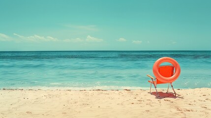 Summer beach holiday concept. A chair and an inflatable swimming ring on sand of beach against the backdrop of the sea and blue sky.