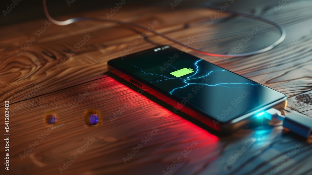 Poster create an image of a smartphone being charged with a power bank, symbolizing the need for portable p