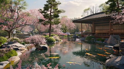 Naklejka premium Create an image of a serene Japanese garden with blooming cherry blossoms, a koi pond, and traditional architecture, representing peace and beauty.