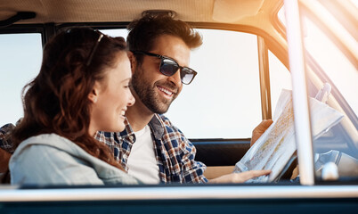 Road trip, couple and map in vehicle for search, location navigation and destination for travel....