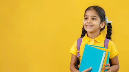Cheerful Indian school girl with braids and a backpack, holding books and smiling against a bright yellow background.