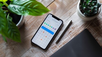 Create an image of a smartphone displaying a calendar and to-do list app, emphasizing productivity and organization.