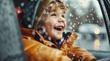Joyful little boy enjoying a rainy day from inside a car, watching and playing with the raindrops on the window.