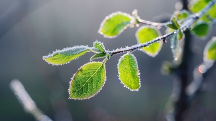 Early spring showcases young leaves covered in a delicate frost of spring green
