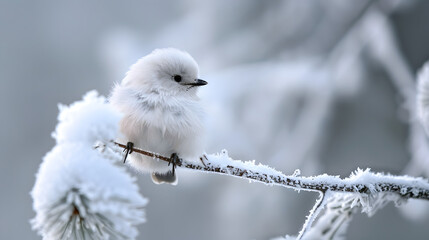 Little cute fluffy white bird in hoarfrost on a branch under the snow in the Christmas park. Bird as a symbol of Christmas and New Year